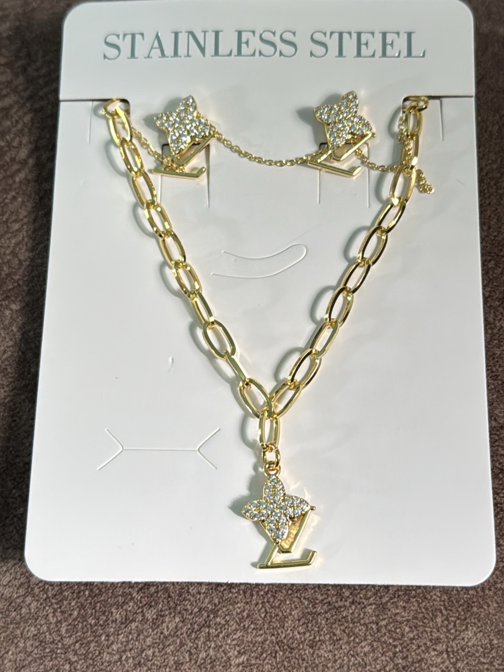 Gold Flower Pavé Pendant Necklace and Stud Earrings Set - Women